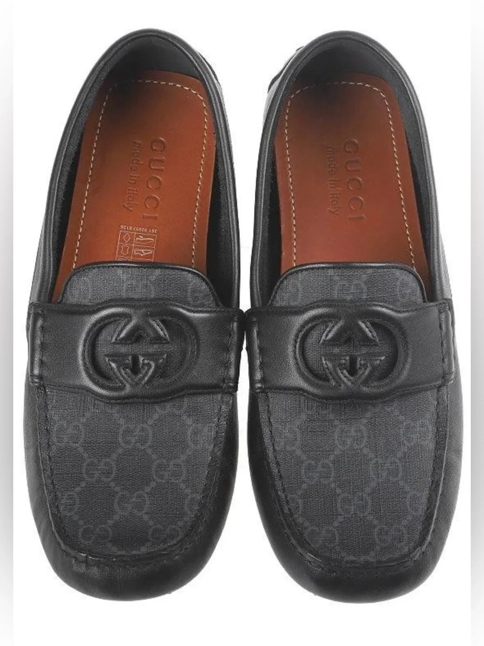 NEW GUCCI BLACK LEATHER NTELOCKING CUT OUT LOGO DRIVER MOCCASIN SHOES 6/US 6.5